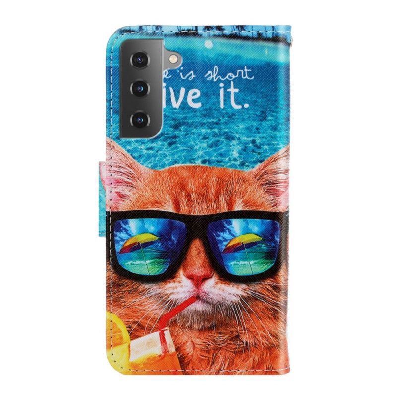 Læder Cover Samsung Galaxy S22 Plus 5G Med Snor Cat Live It Strappy