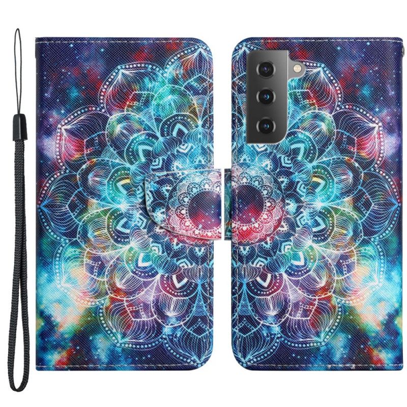 Læder Cover Samsung Galaxy S22 Plus 5G Med Snor Flashy Halv Mandala Med Rem