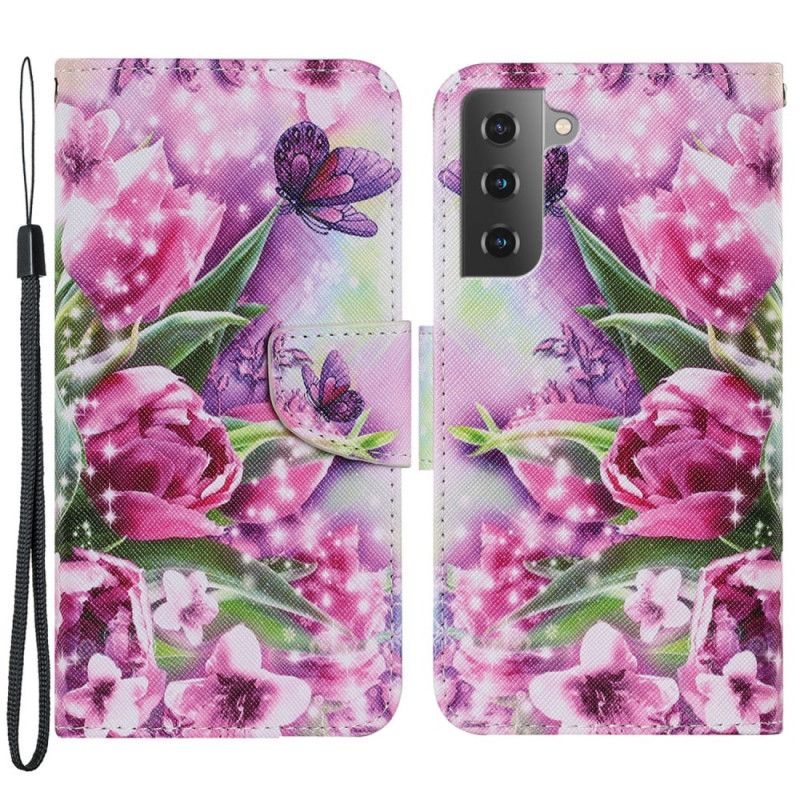 Læder Cover Samsung Galaxy S22 Plus 5G Sommerfugle Og Tulipaner