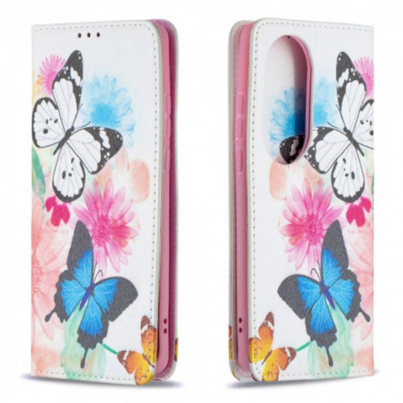 Cover Huawei P50 Pro Flip Cover Farverige Sommerfugle