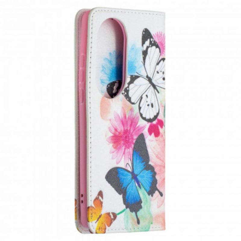 Cover Huawei P50 Pro Flip Cover Farverige Sommerfugle