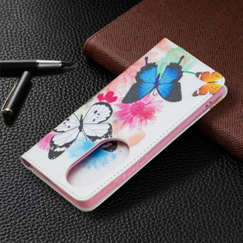 Cover Huawei P50 Pro Flip Cover Farverige Sommerfugle