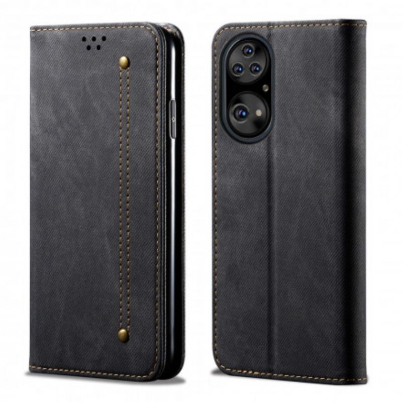 Cover Huawei P50 Pro Flip Cover Imiteret Læder Jeans Tekstur