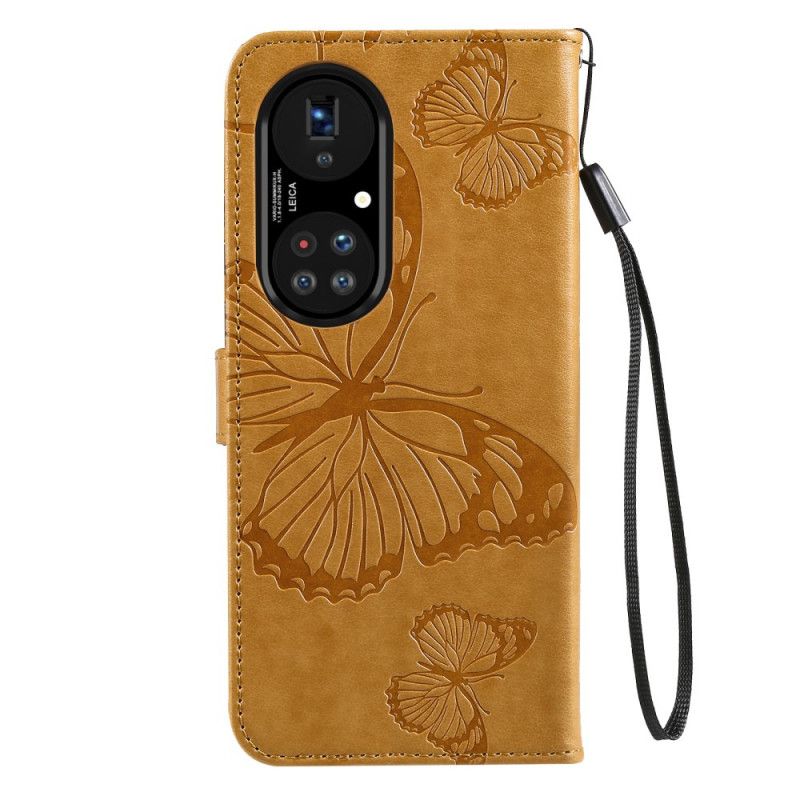 Flip Cover Huawei P50 Pro Med Snor Kæmpe Strappy Sommerfugle