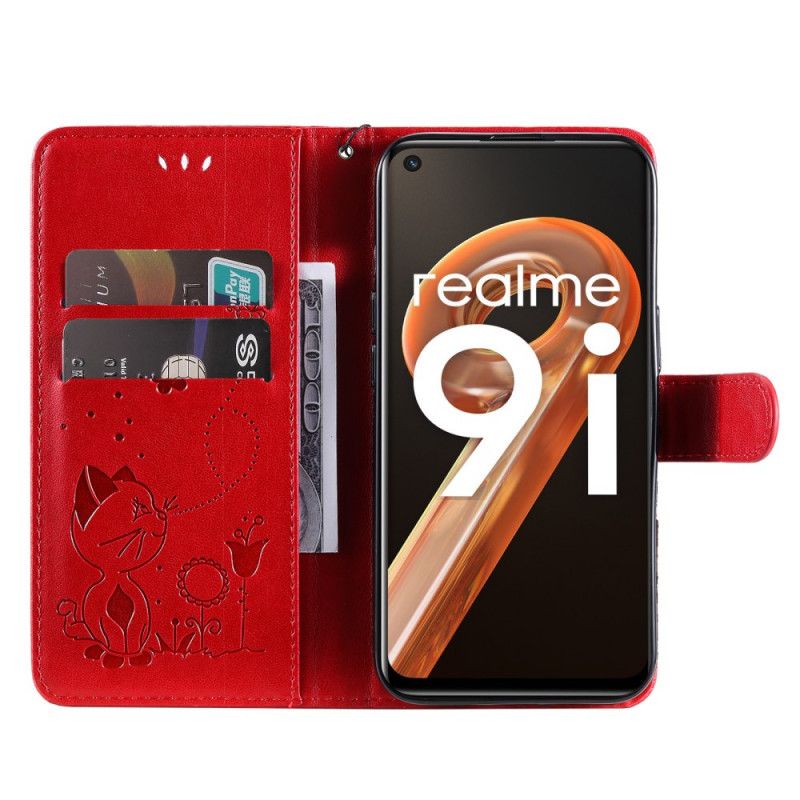 Flip Cover Realme 9i Med Snor Thong Kat Og Sommerfugl