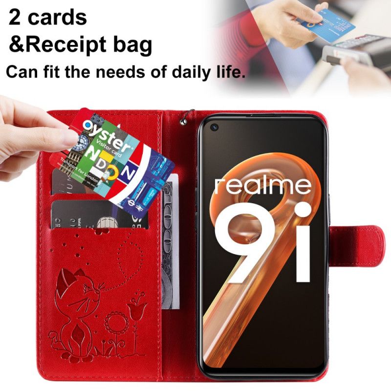 Flip Cover Realme 9i Med Snor Thong Kat Og Sommerfugl