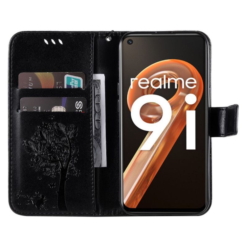 Flip Cover Realme 9i Med Snor Træ Og Strappy Cat