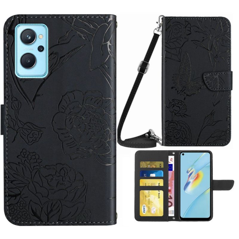 Flip Cover Realme 9i Skulderrem Med Blomstertryk