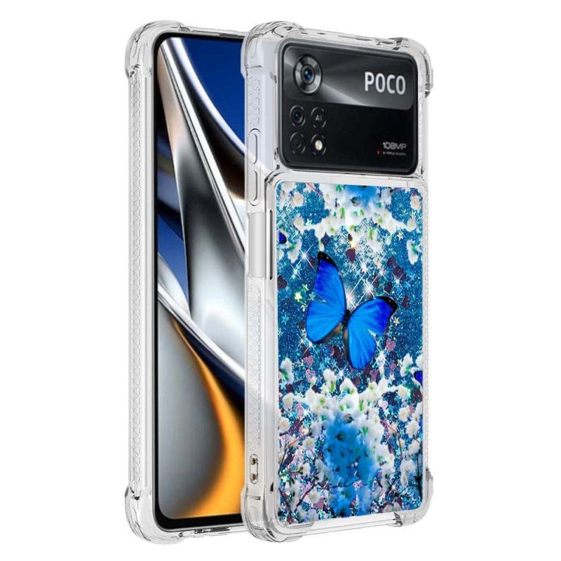 Cover Poco X4 Pro 5G Blå Glitter Sommerfugle