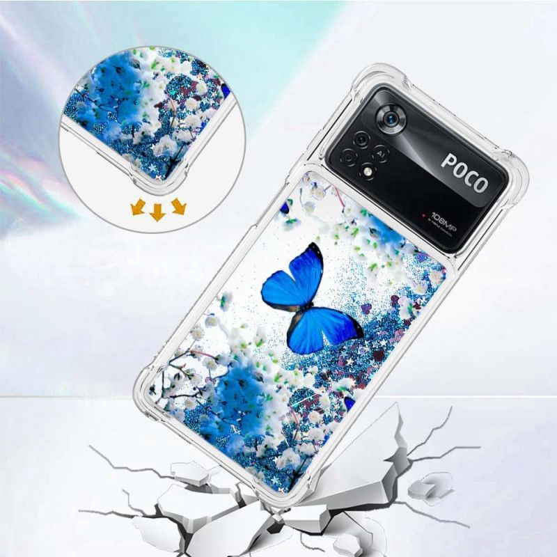 Cover Poco X4 Pro 5G Blå Glitter Sommerfugle