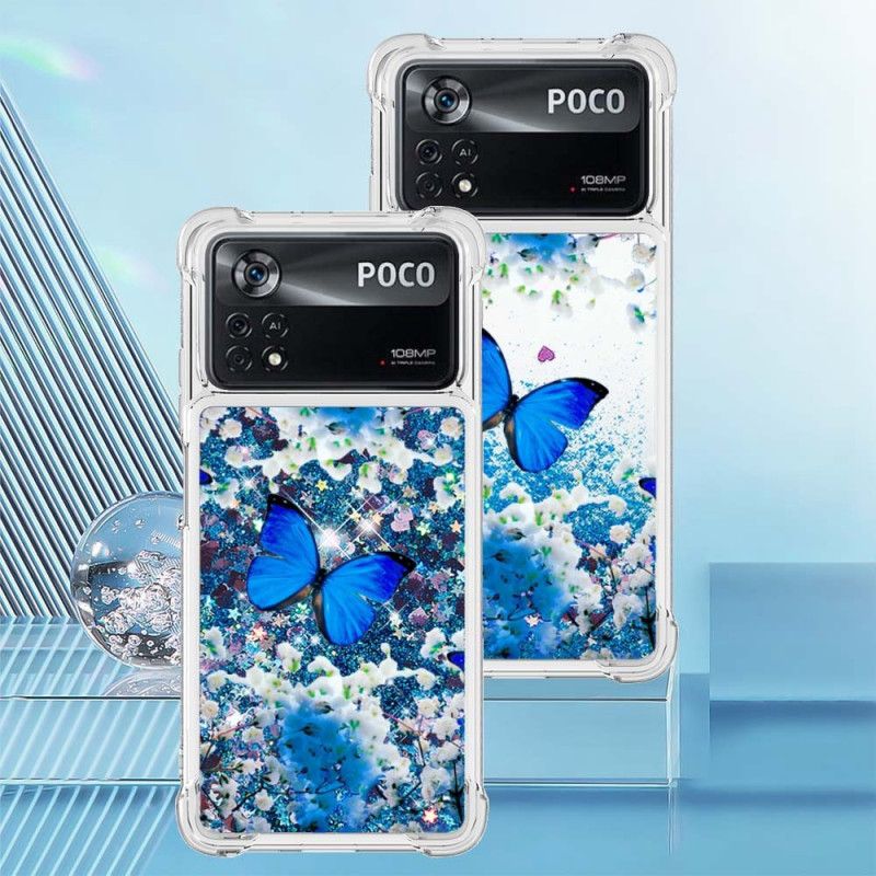 Cover Poco X4 Pro 5G Blå Glitter Sommerfugle