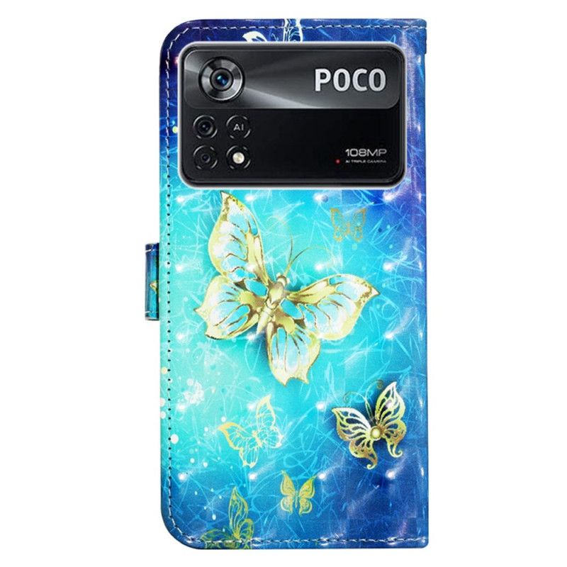 Flip Cover Poco X4 Pro 5G Med Snor Flyvende Sommerfugle I Rem