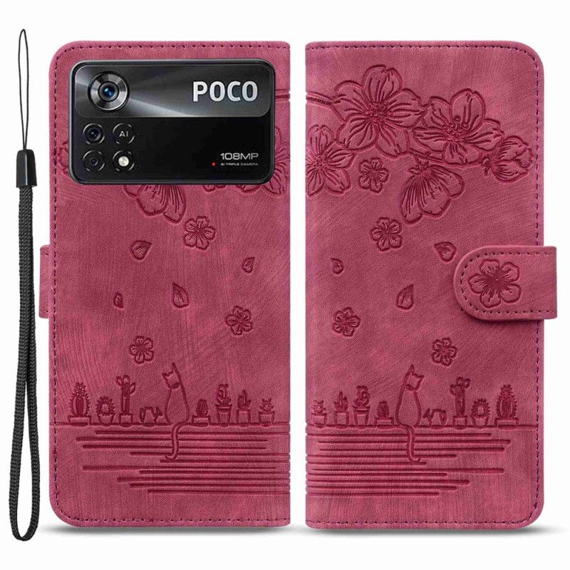 Flip Cover Poco X4 Pro 5G Med Snor Thong Blomsterkat