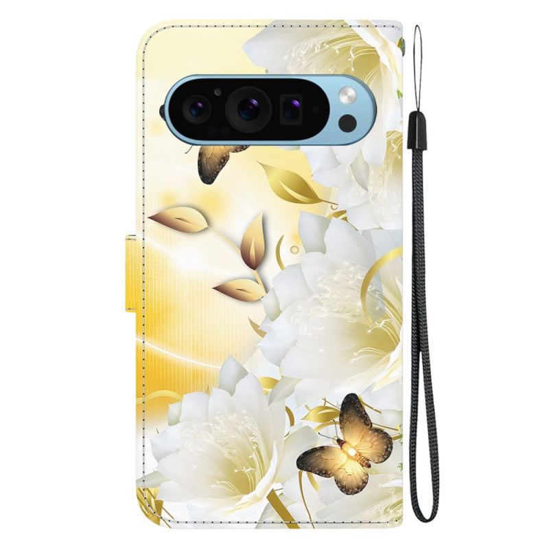 Flip Cover Google Pixel 9 Gyldne Sommerfugle Og Hvide Blomster Med Rem