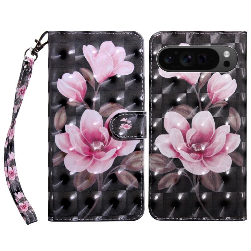 Læder Cover Google Pixel 9 Telefon Etui Lyserøde Blomster Med Rem