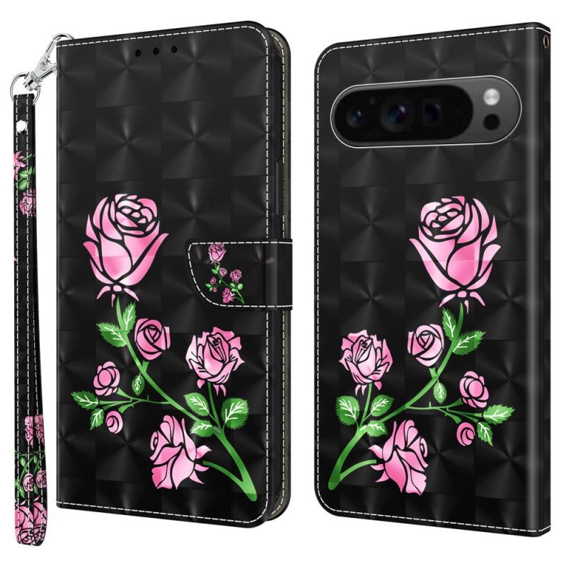 Læder Cover Google Pixel 9 Telefon Etui Strappy Med Blomstertryk