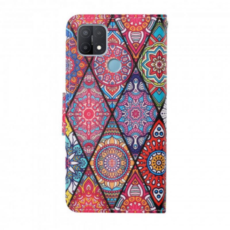 Læder Cover Oppo A15 Patchwork Med Snor