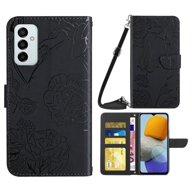 Flip Cover Samsung Galaxy M23 5G Diskrete Sommerfugle Og Skulderrem