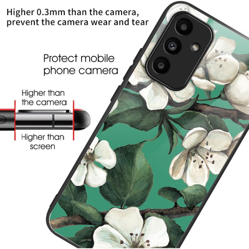 Cover Samsung Galaxy A15 Telefon Etui Hærdet Glas Hvide Blomster