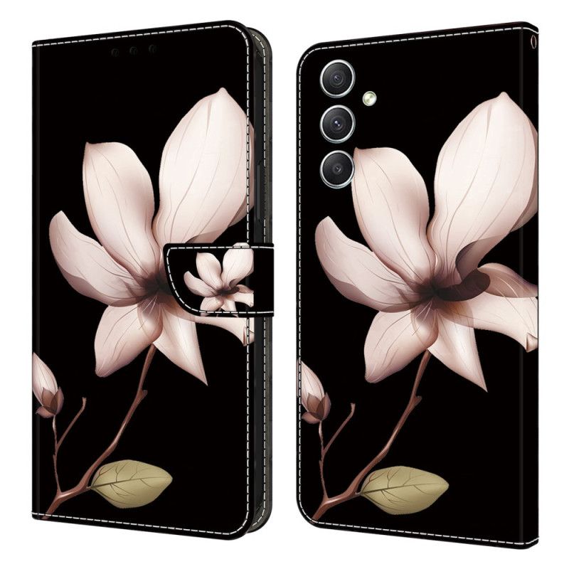 Flip Cover Samsung Galaxy A15 Lyserøde Blomster På Sort Baggrund