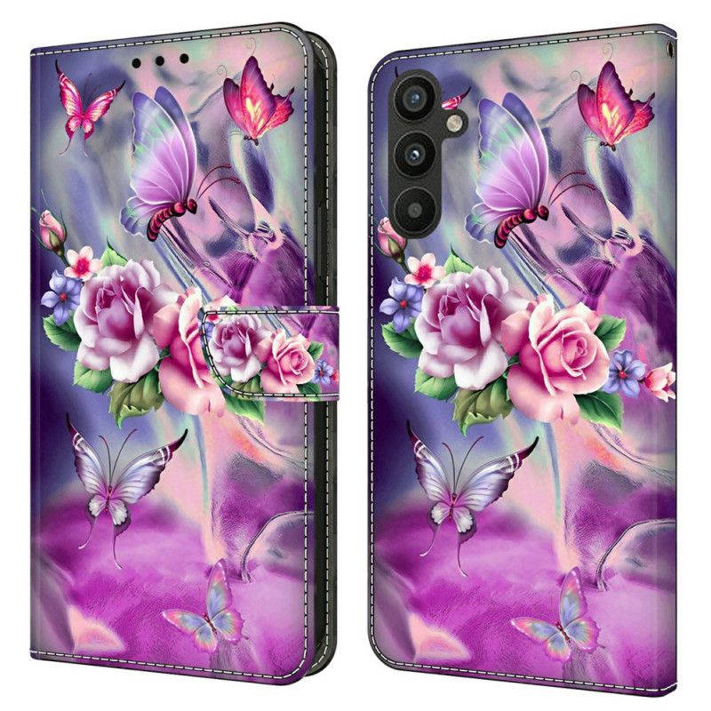 Flip Cover Til Samsung Galaxy A15 Lilla Sommerfugle Og Blomster