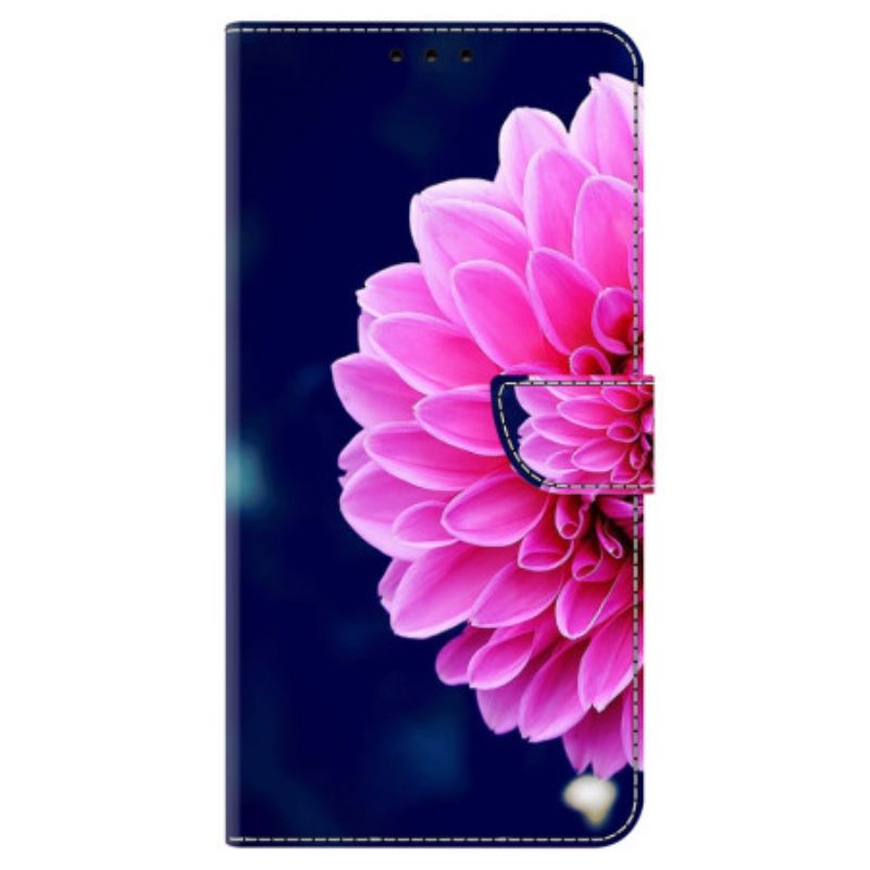 Læder Cover Samsung Galaxy A15 Telefon Etui Lyserøde Blomster På Blå Baggrund