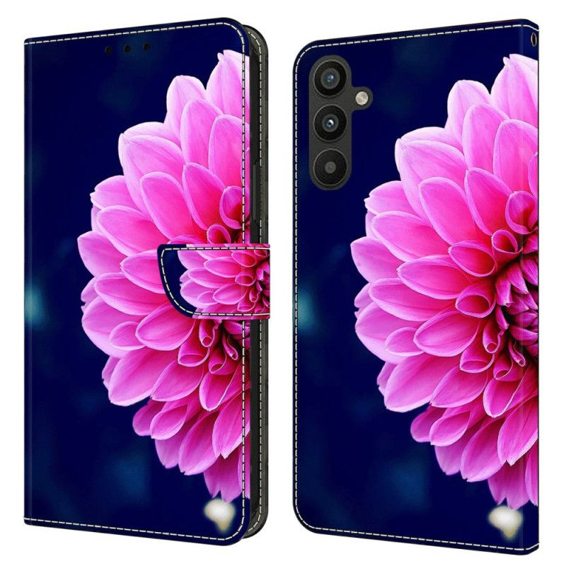 Læder Cover Samsung Galaxy A15 Telefon Etui Lyserøde Blomster På Blå Baggrund