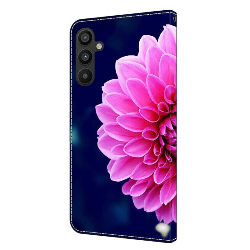 Læder Cover Samsung Galaxy A15 Telefon Etui Lyserøde Blomster På Blå Baggrund