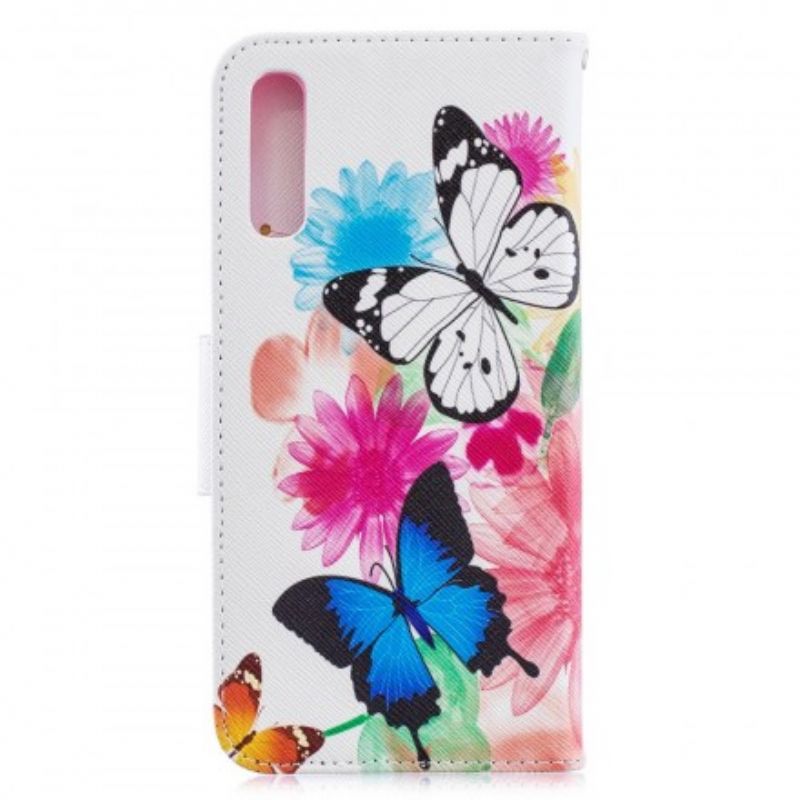 Læder Cover Samsung Galaxy A70 Malede Sommerfugle Og Blomster