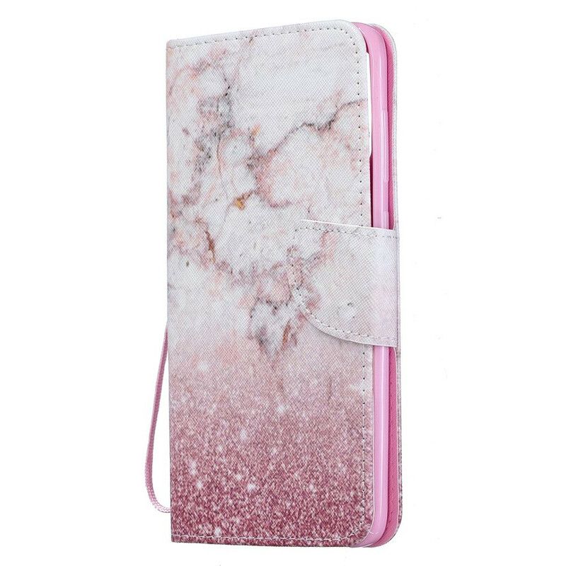 Læder Cover Samsung Galaxy A70 Med Snor Pink Marmor Med Aftagelig Rem