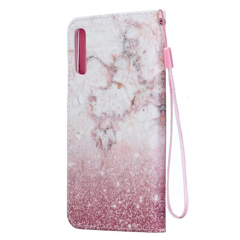 Læder Cover Samsung Galaxy A70 Med Snor Pink Marmor Med Aftagelig Rem