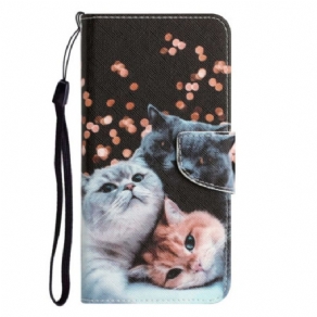 Læder Cover Xiaomi 12T / 12T Pro Med Snor Tre Strappy Cats