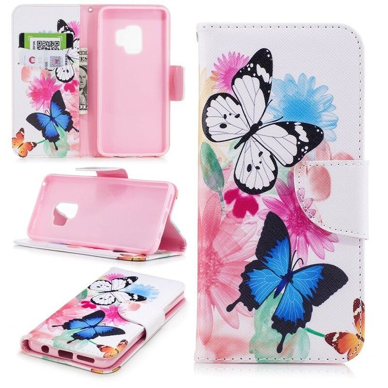 Flip Cover Samsung Galaxy S9 Malede Sommerfugle Og Blomster