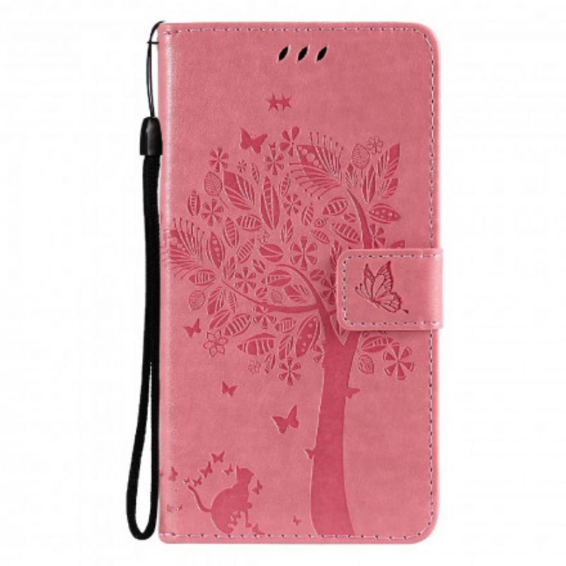 Flip Cover Oppo Reno 6 5G Med Snor Træ Og Strappy Cat