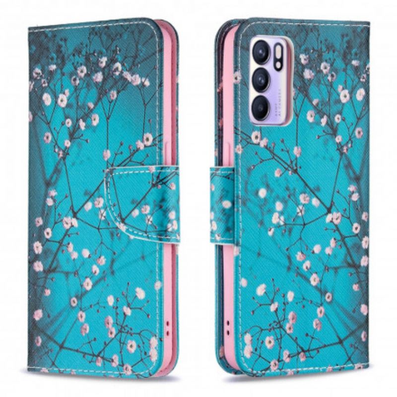 Læder Cover Oppo Reno 6 5G Blomstrende Grene