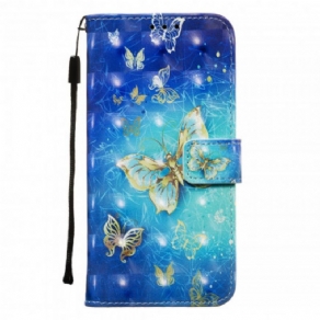 Læder Cover Xiaomi Redmi Note 8T Gyldne Sommerfugle