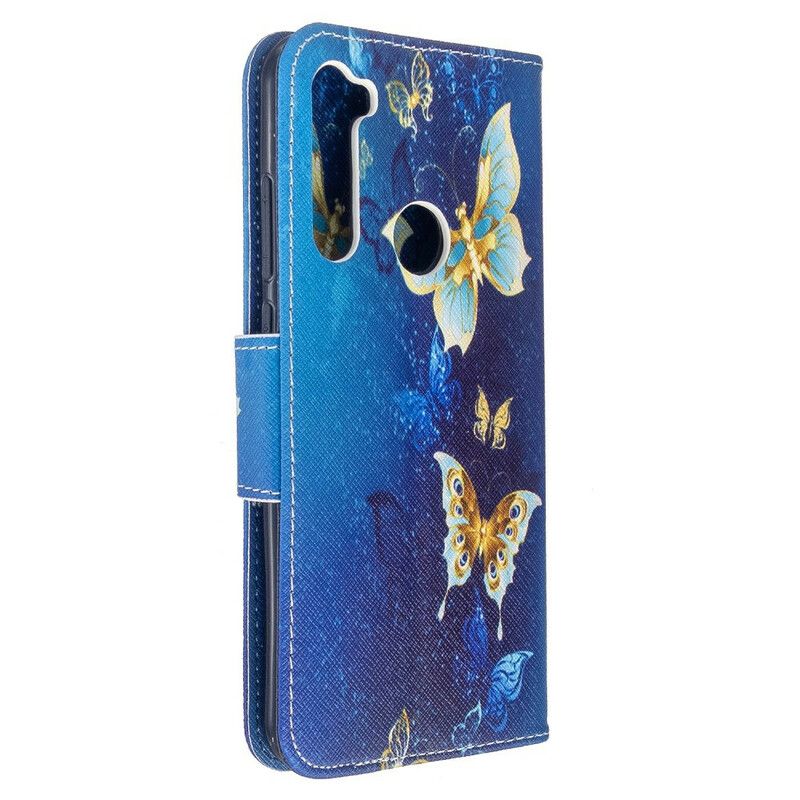 Læder Cover Xiaomi Redmi Note 8T Gyldne Sommerfugle