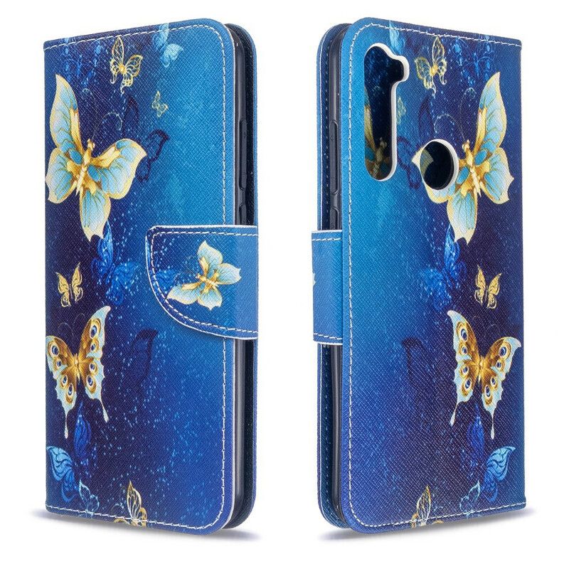 Læder Cover Xiaomi Redmi Note 8T Gyldne Sommerfugle