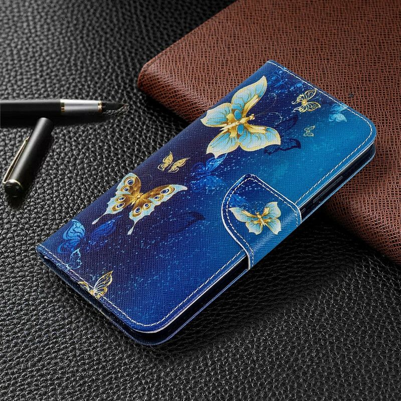 Læder Cover Xiaomi Redmi Note 8T Gyldne Sommerfugle