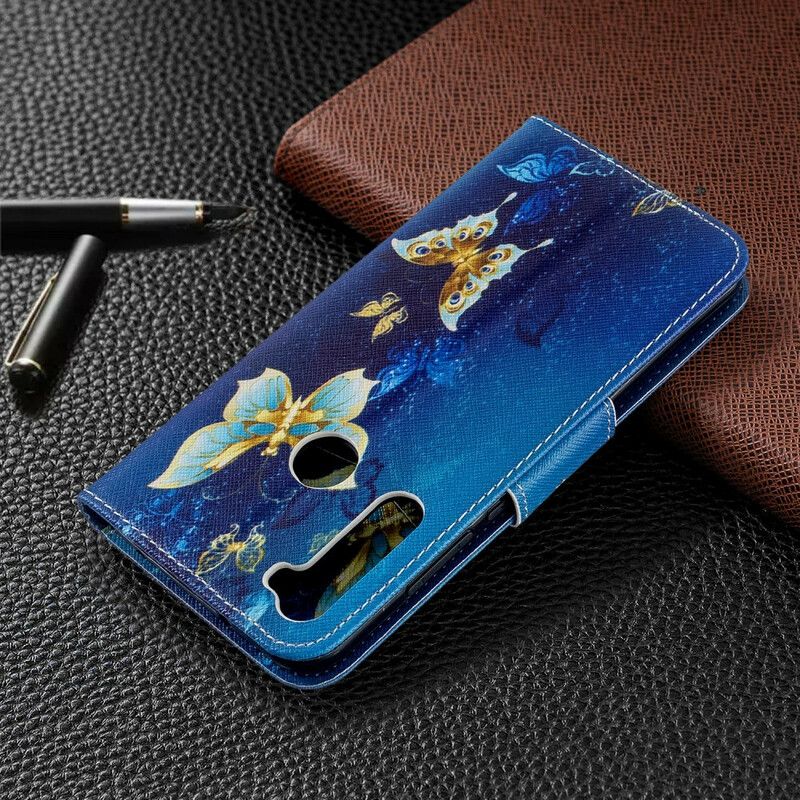 Læder Cover Xiaomi Redmi Note 8T Gyldne Sommerfugle