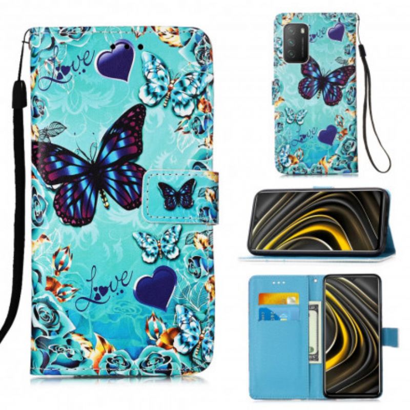 Flip Cover Poco M3 Med Snor Elsker Sommerfugle Strappy