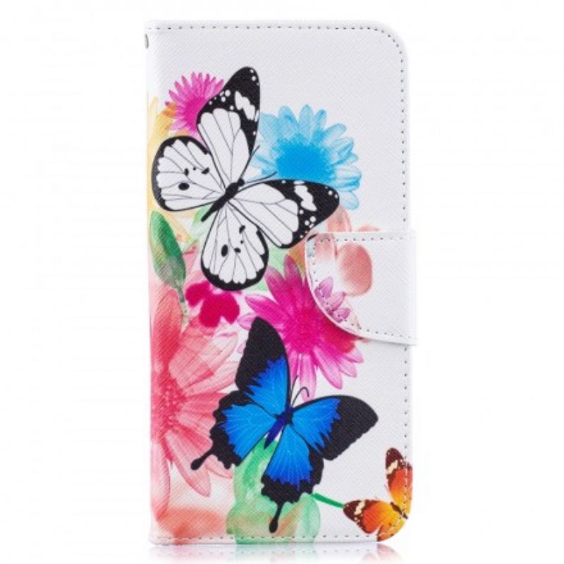 Læder Cover Samsung Galaxy A50 Malede Sommerfugle Og Blomster