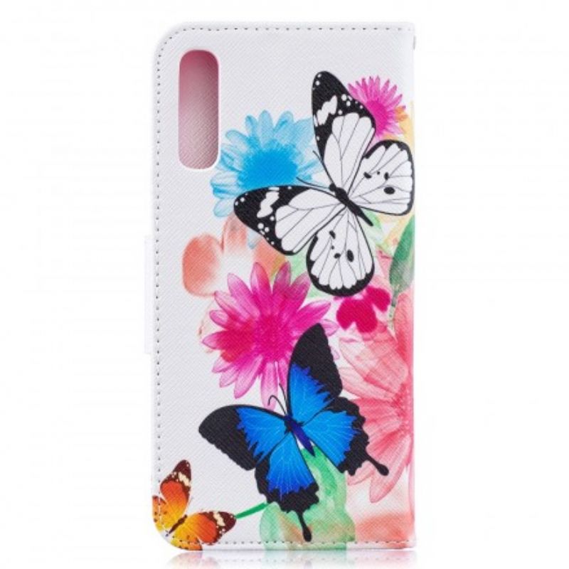 Læder Cover Samsung Galaxy A50 Malede Sommerfugle Og Blomster