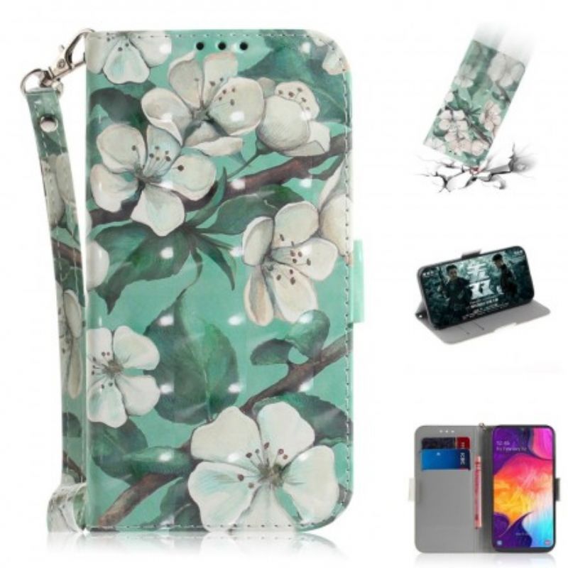 Læder Cover Samsung Galaxy A50 Med Snor Thong Blomstergren