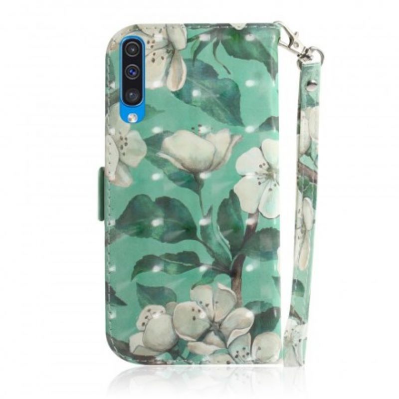 Læder Cover Samsung Galaxy A50 Med Snor Thong Blomstergren