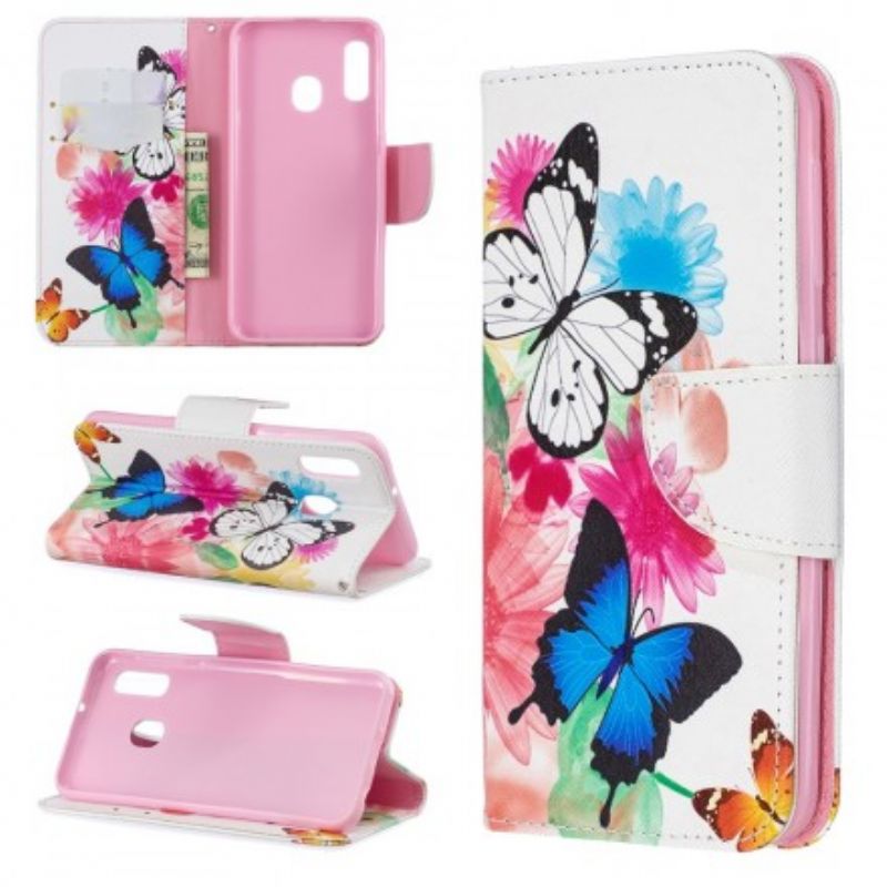 Flip Cover Samsung Galaxy A20e Malede Sommerfugle Og Blomster