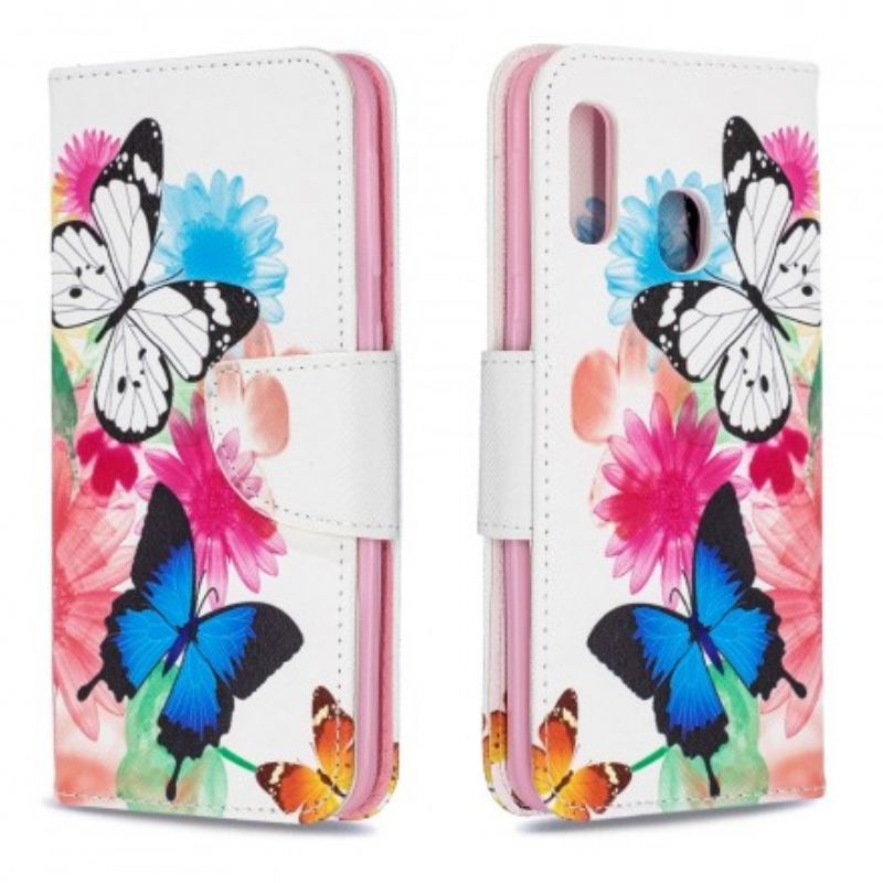 Flip Cover Samsung Galaxy A20e Malede Sommerfugle Og Blomster