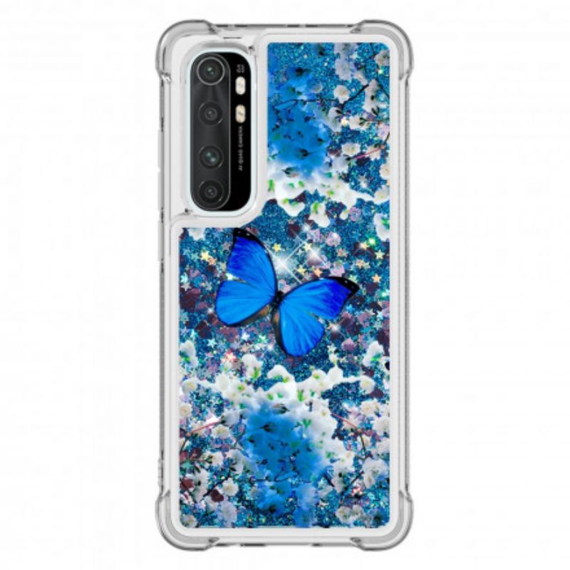 Cover Xiaomi Mi Note 10 Lite Blå Glitter Sommerfugle