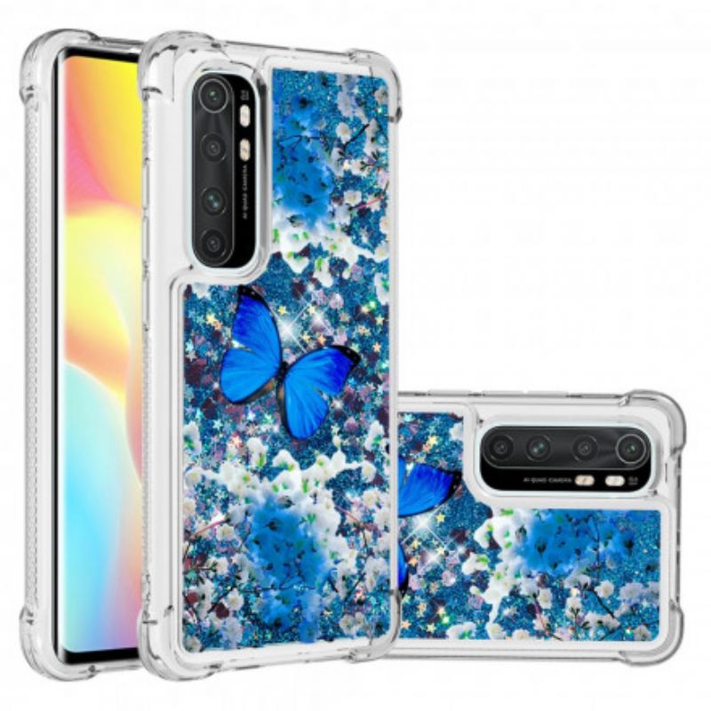 Cover Xiaomi Mi Note 10 Lite Blå Glitter Sommerfugle