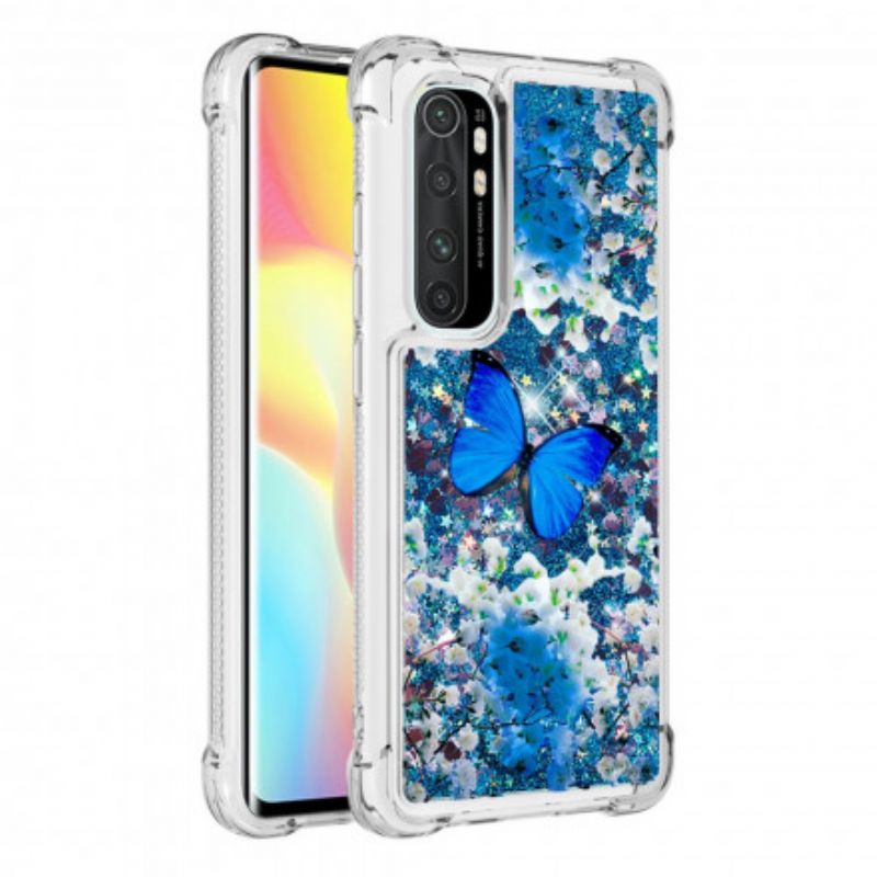 Cover Xiaomi Mi Note 10 Lite Blå Glitter Sommerfugle